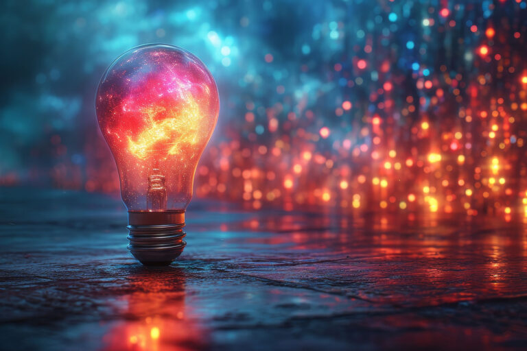 Eine leuchtende Glühbirne voller lebendiger, wirbelnder Farben sitzt auf einer reflektierenden Oberfläche. Sie steht sinnbildlich für Lernen und Ideen. Der Hintergrund weist einen weichen Bokeh-Effekt mit blauen und orangefarbenen Lichtern auf, der eine verträumte und fantasievolle Atmosphäre schafft.